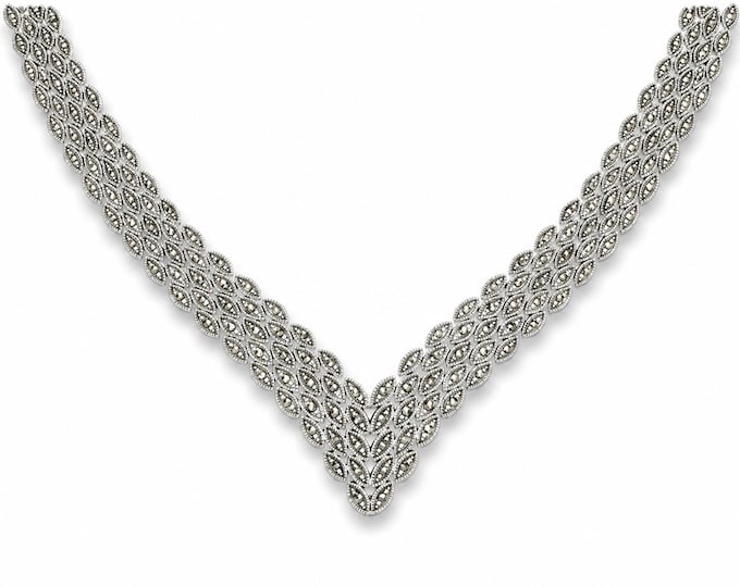 925 Sterling Silver Marcasite Necklace Vintage Inspired