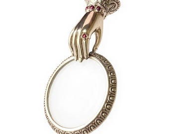 Antique Nouveau Inspired Collectable Ruby Hand Magnifying Glass 925 Sterling Silver Plate with Chain