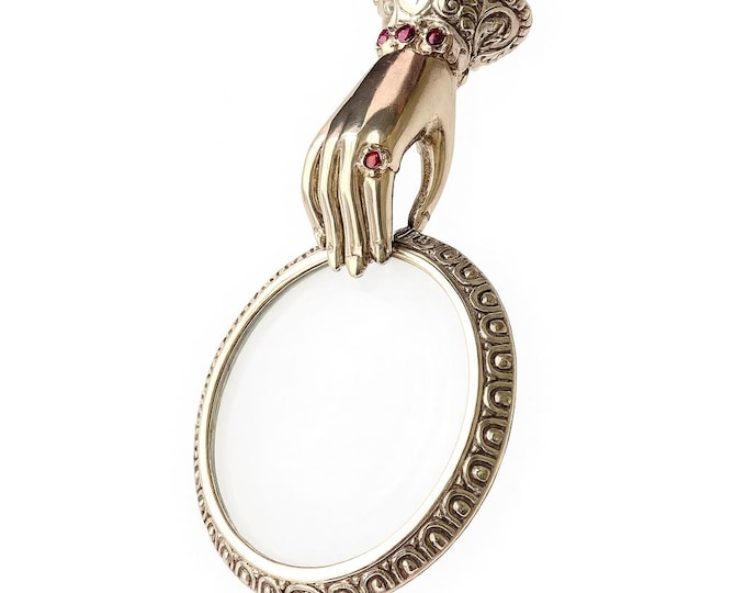 Antique Nouveau Inspired Collectable Ruby Hand Magnifying Glass 925 Sterling Silver Plate with Chain
