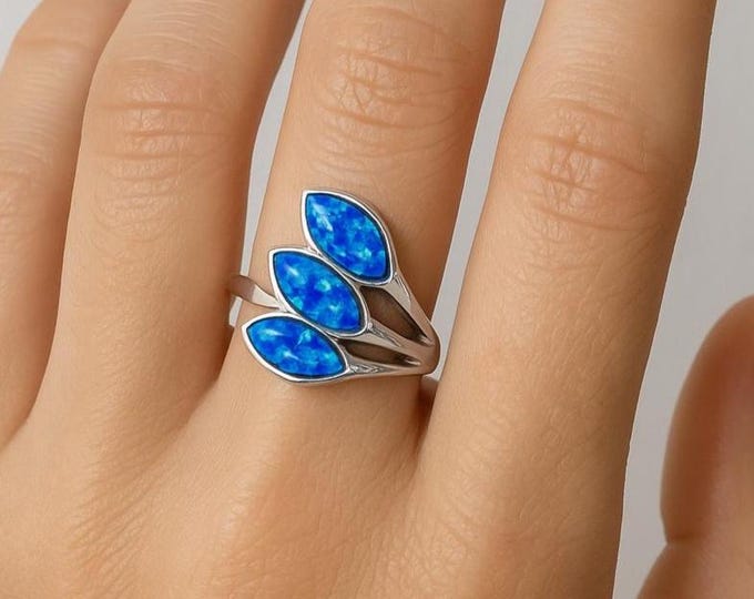 Sterling Silver Gilson Opal Ring Triple Marquise Leaf Design October Birthstone Jewelry Gift for Her