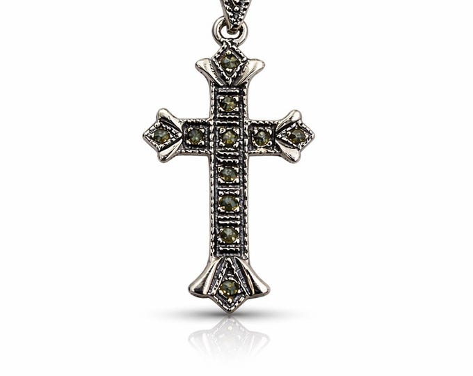 Small Vintage Marcasite Cross Pendant, 925 Sterling Silver Necklace