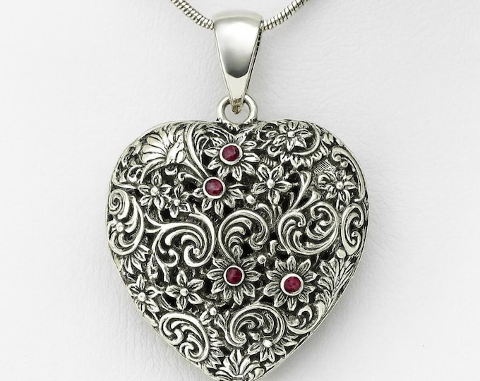 Art Nouveau Inspired Floral Ruby Heart Pendant 925 Sterling Silver