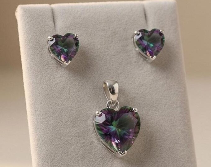 Mystic Topaz Heart Pendant and Stud Earrings Set 925 Sterling Silver