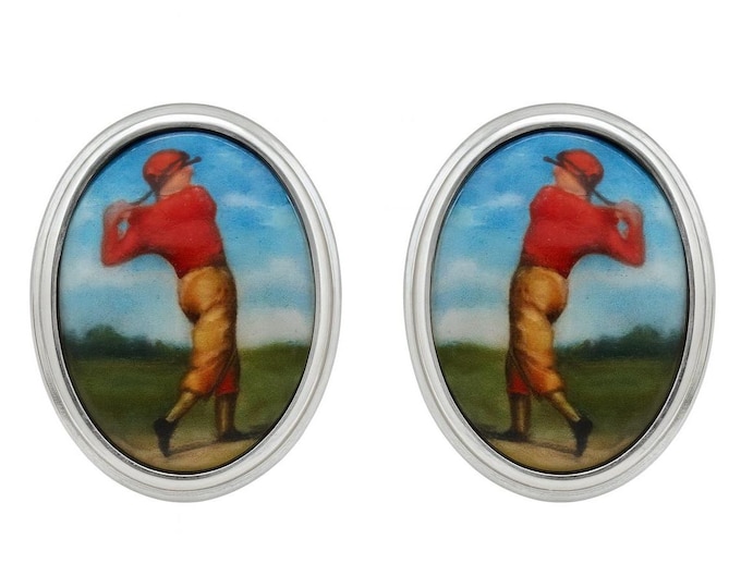 Vintage Enamel Golf Cufflinks, 925 Sterling Silver Golfer Gift