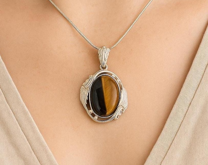 Art Nouveau Inspired Tigers Eye Pendant 925 Sterling Silver