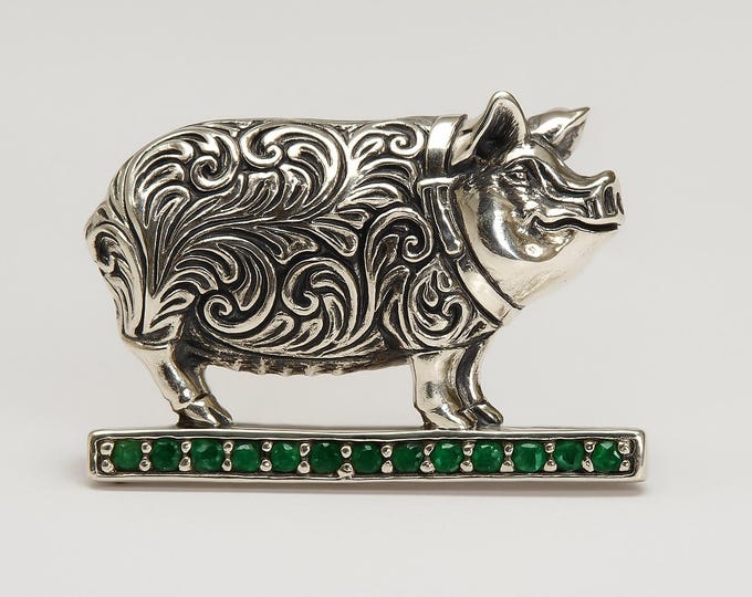 Antique Style Emerald and Ruby Pig Brooch 925 Sterling Silver