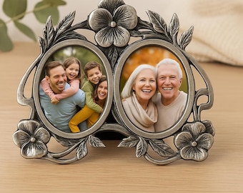 Floral Sterling Silver Double Photo Frame, Antique Finish Keepsake