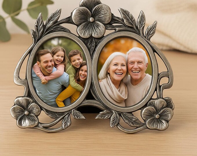 Vintage Style Mini Double Photo Frame 925 Sterling Silver Floral Antique Finish Picture Frame Keepsake Gift for Family