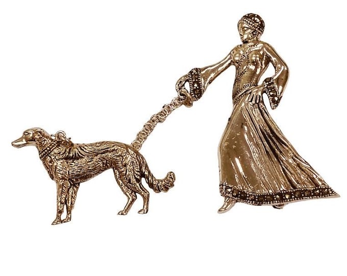 Antique Inspired Lady Walking Borzoi Dog Brooch 925 Sterling Silver