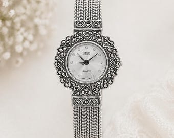 Vintage Marcasite Sterling Silver Bracelet Watch, Elegant Women’s Dress Watch