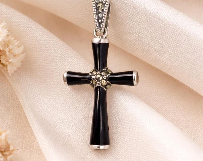Small Victorian Style 925 Sterling Silver Marcasite Cross Pendant Antique Inspired Gemstone Necklace