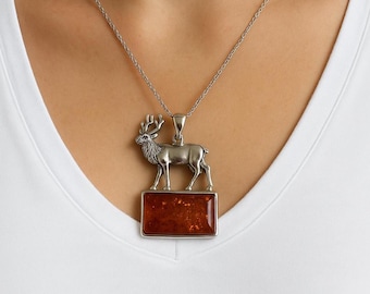 Honey Amber Stag Pendant 925 Sterling Silver