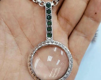 Antique Inspired Collectable Emerald Magnifying Glass Pendant 925 Sterling Silver