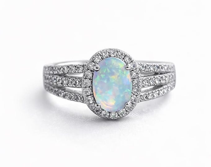 Oval White Opal Ring, 925 Sterling Silver Halo Ring Vintage Style Opal Jewellery