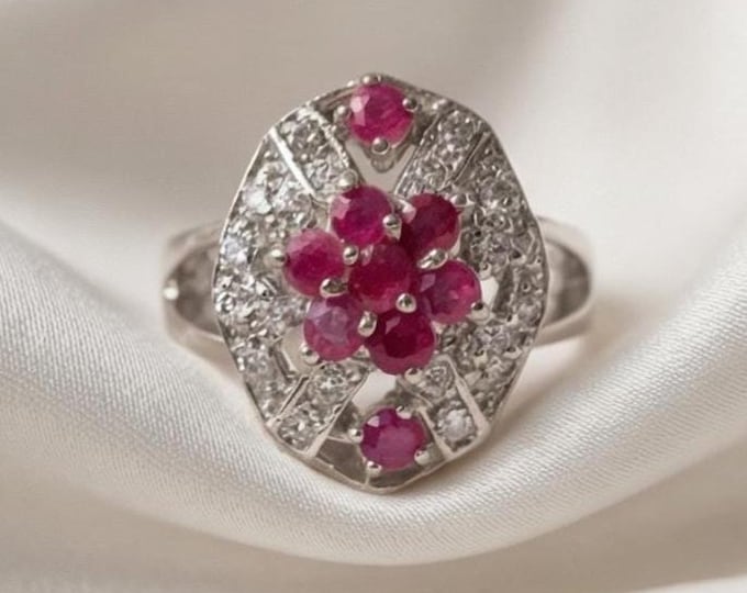 Natural Ruby Cluster Ring, Sterling Silver, Vintage Style Statement, July Birthstone