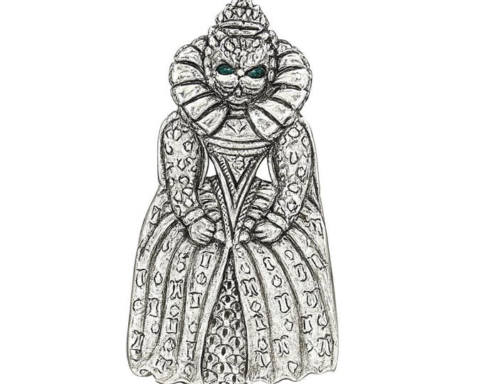 Victorian Style Lady Royal Cat with Emerald Eyes Pendant or Brooch 925 Sterling Silver