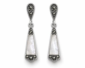 Art Deco Mother of Pearl Drop Earrings, Marcasite 925 Sterling Silver