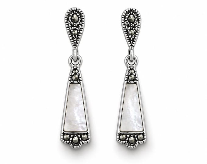 Art Deco Mother of Pearl Drop Earrings, Marcasite 925 Sterling Silver