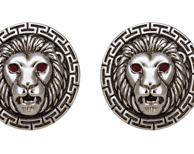 Sterling Silver Lion Head Cufflinks, Ruby Red Eyes, Greek Key Border