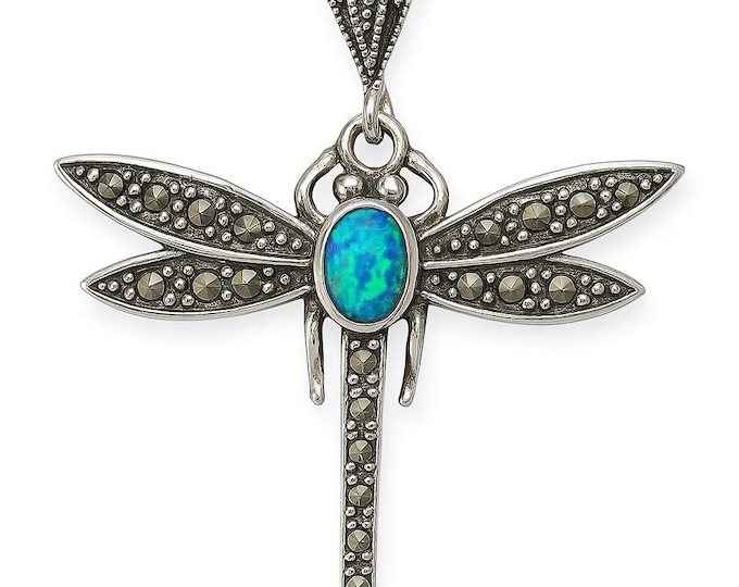 Victorian Style Dragonfly Pendant with Gilson Opal and Marcasite Stones 925 Sterling Silver