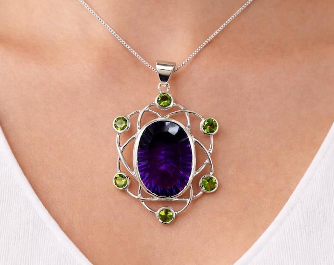 925 Sterling Silver Amethyst and Peridot Pendant Necklace Large Purple Amethyst Statement Jewelry February Birthstone Gift