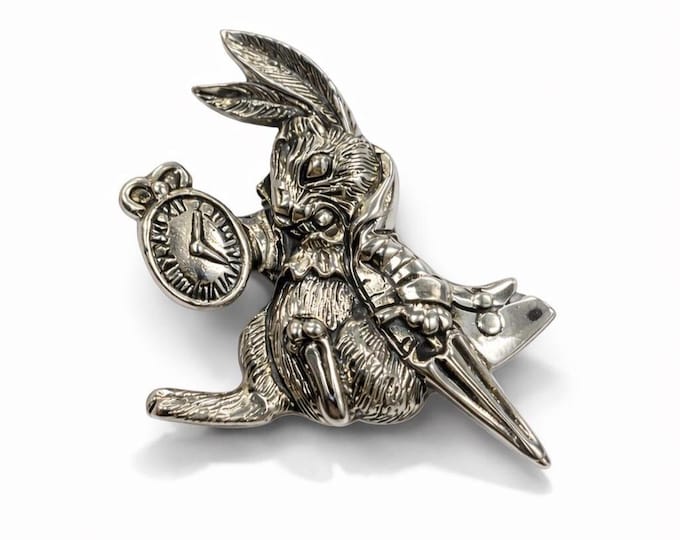 925 Sterling Silver Rabbit Holding Watch Bunny Pin Fairytale Jewelry Gift