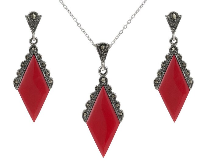 Art Deco Inspired Turquoise, Coral, Mother of Pearl, Lapis and Marcasite Set 925 Sterling Silver Earrings Pendant Set