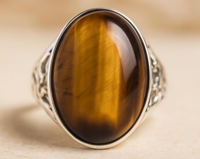 925 Sterling Silver Tiger’s Eye Ring Natural Gemstone Statement Ring, Brown Golden Crystal Jewelry, Healing Stone Gift for Her