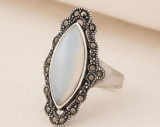 Sterling Silver Filigree Ring, Mother of Pearl & Marcasite, Art Deco Style