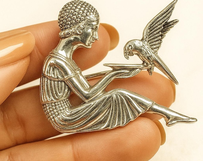 Antique Style Lady with Bird Brooch 925 Sterling Silver