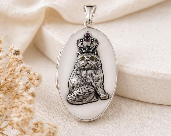 925 Silver Plate Ruby and Emerald Royal Cat Locket Pendant, Engraved Cat Necklace