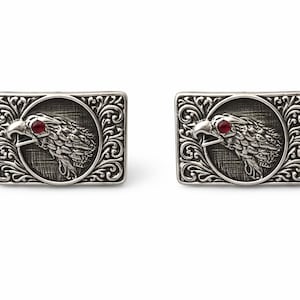 925 Sterling Silver Eagle Head Cufflinks with Red Ruby Eye, Vintage Style Rectangular Cuff Links, Gift for Him