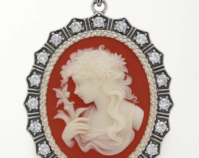 Vintage Style Silver Plated Cameo Pendant Necklace Oval Lady Profile with Marcasite and CZ Accents Victorian Inspired Statement Jewelry