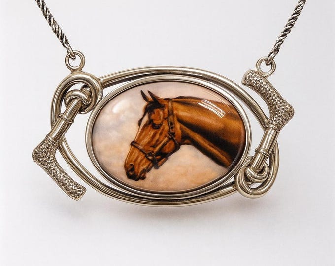 Vintage Horse Head Enamel Necklace Sterling Silver Western Equestrian Jewelry with Rope Chain, Horseshoe Detail