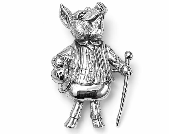 925 Sterling Silver Pig Brooch, Vintage Gentleman Animal Jewelry