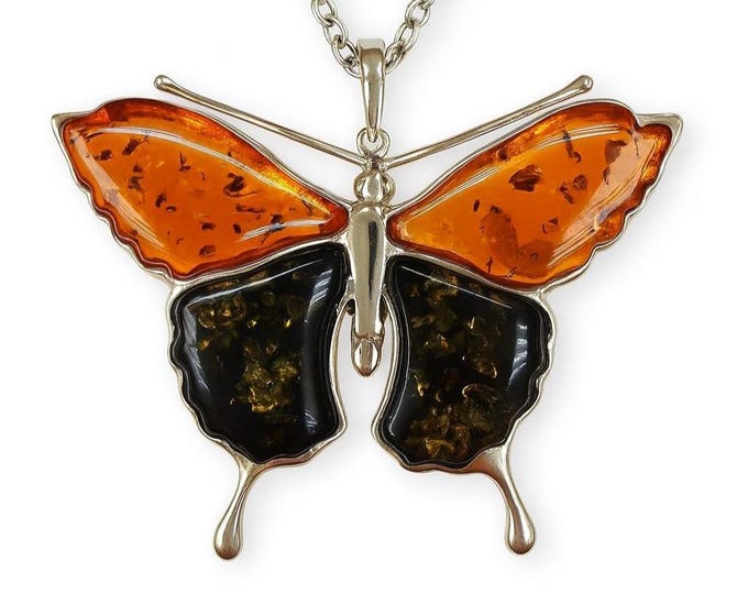 Green and Honey Butterfly Amber Pendant 925 Sterling Silver