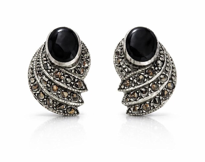 Art Deco Inspired Onyx and Marcasite Stud Earrings 925 Sterling Silver Vintage Style Jewelry