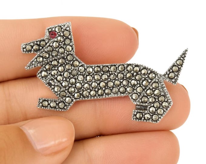 Antique Style Ruby and Marcasite Dachshund Dog Brooch 925 Sterling Silver