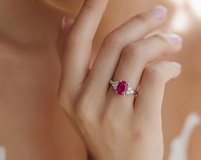 Natural Ruby and CZ Engagement Ring 925 Sterling Silver