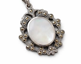Art Deco Mother of Pearl and Marcasite 925 Sterling Silver Pendant