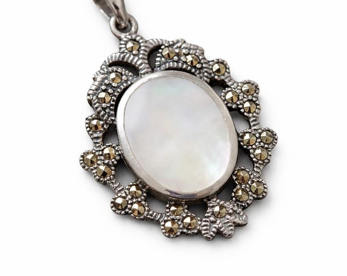 Art Deco Mother of Pearl and Marcasite 925 Sterling Silver Pendant