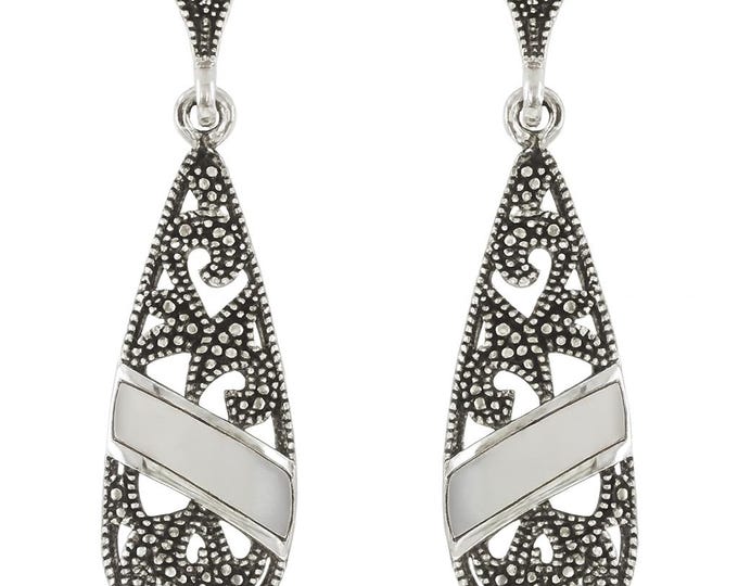 925 Sterling Silver Dangle Earrings with Mother of Pearl Oval Stone Vintage Inspired Drop Earrings, Boho Statement Jewelry