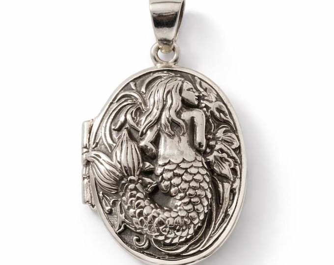 Victorian Mermaid Locket Necklace, 925 Sterling Silver Art Nouveau Pendant