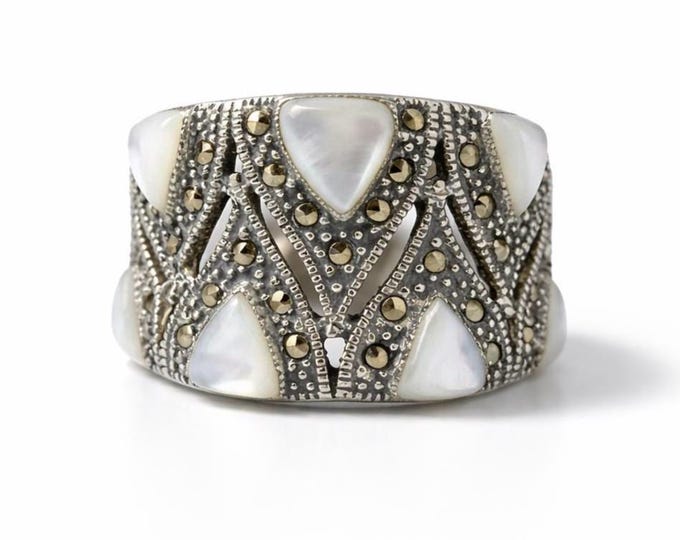 Vintage Inspired Art Deco Ring 925 Sterling Silver Mother of Pearl Ring