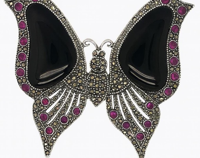 Vintage Butterfly Brooch Sterling Silver Marcasite Black Onyx & Ruby Gemstone Pin Art Deco Style Jewelry Gift for Her