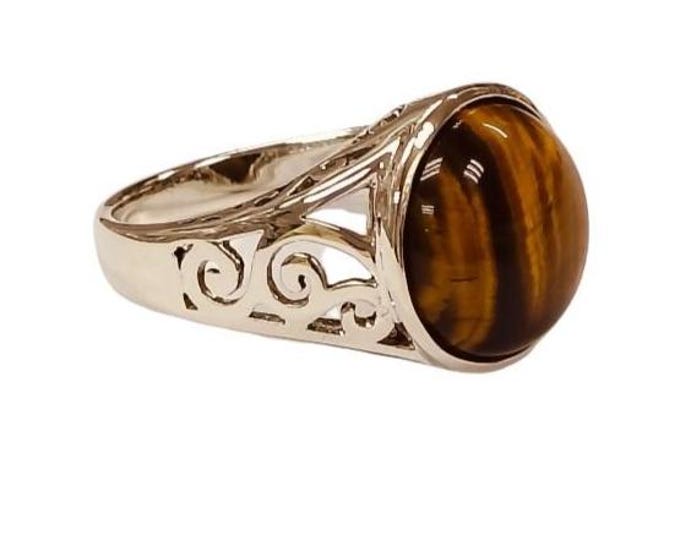 Art Nouveau Inspired Round Tigers Eye Ring 925 Sterling Silver Hallmarked