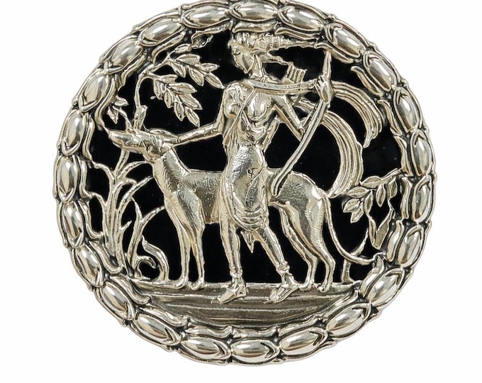 Antique Style Diana the Huntress Artemis Onyx Brooch 925 Sterling Silver Hallmarked