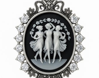 Silver Plated Cameo Pendant Necklace, Victorian Style, Three Graces & Marcasite