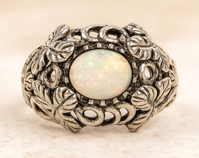 Art Nouveau Inspired White Gilson Opal Ring 925 Sterling Silver