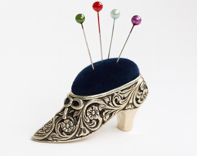 Antique Inspired Floral Sapphire Shoe Pin Cushion 925 Sterling Silver Sewing Gift